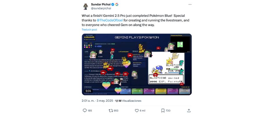 google gemini bate a pokemon blue sundar pichai
